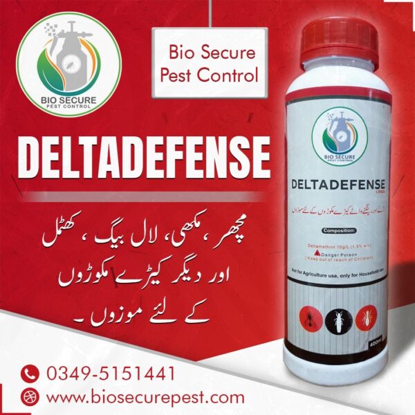 DeltaDefense contains Deltamethrin, a pyrethroid insecticide. It is eefective against Cockroaches, mosquitoes, House flies, Snails, Bee wasp, spiders and many ther pests.